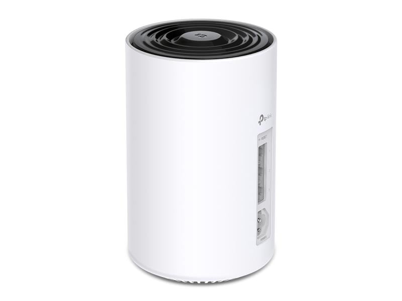Routeur TP-Link cylindrique blanc avec dessus noir, détails d'alimentation et ports latéraux.