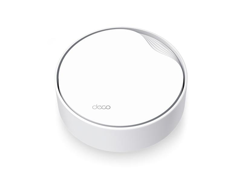 Ein weißes Deco Mesh Wi-Fi-Systemgerät, Draufsicht.