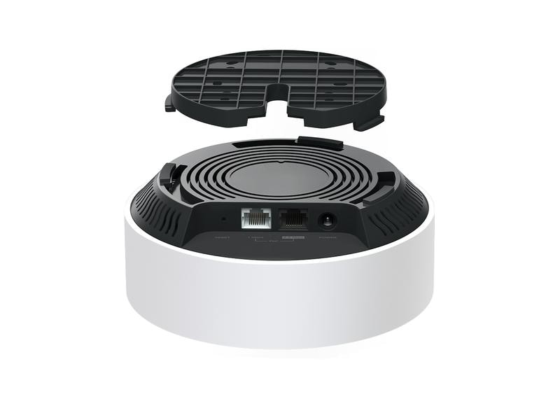 Ein weißes und schwarzes Gerät, möglicherweise ein Router, mit abgenommener Oberseite.