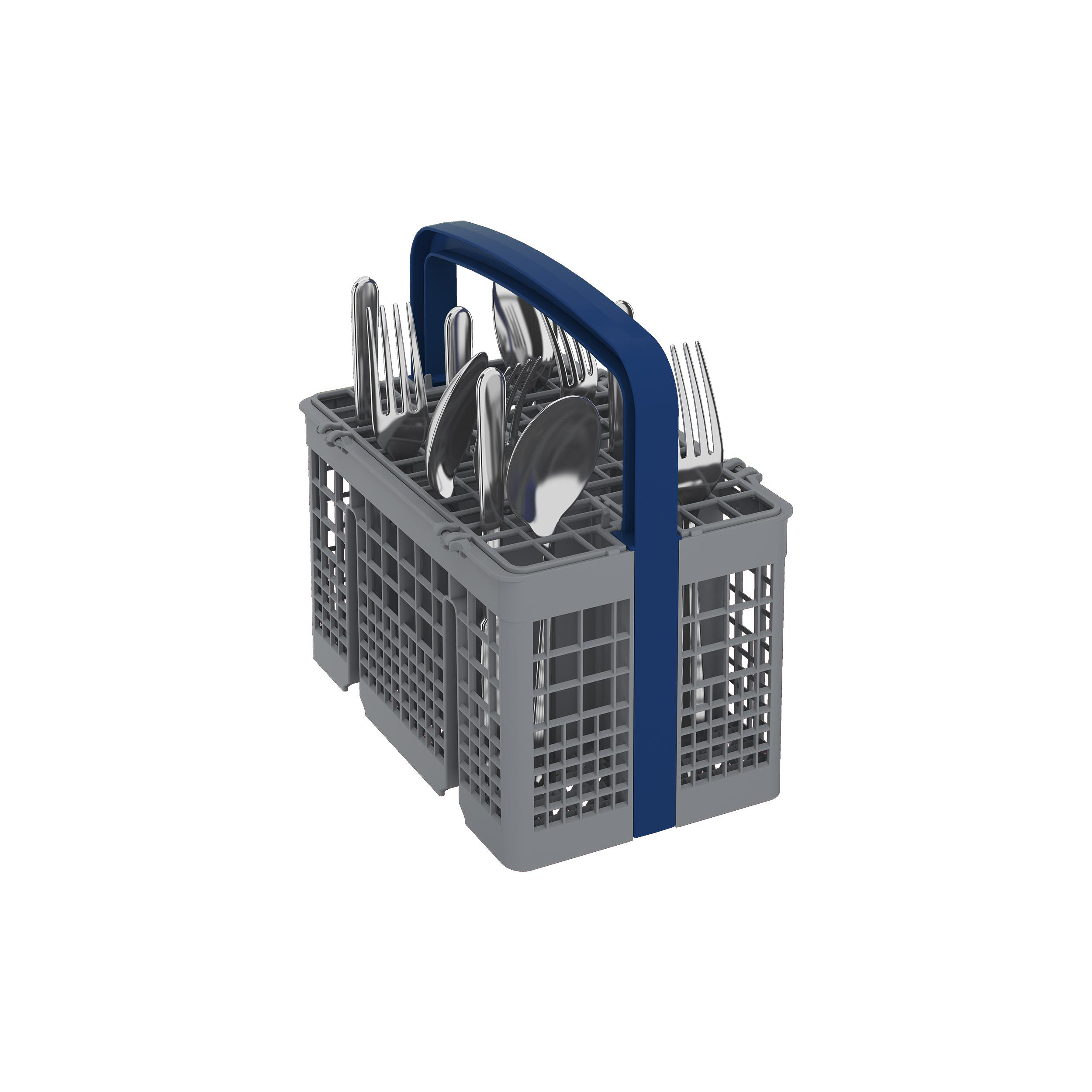 Besteckkorb für die Spülmaschine. Grauer Kunststoff mit blauem Griff, gefüllt mit Besteck, auf weißem Hintergrund.