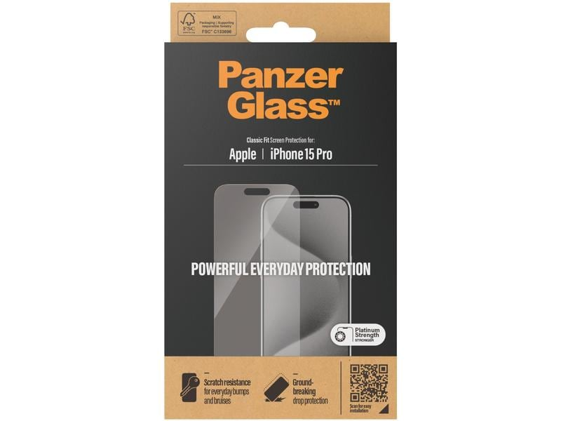 Boîte avec un protecteur d'écran pour iPhone 15 Pro, avec texte et graphiques.