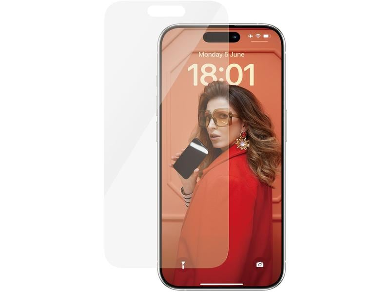 Un téléphone avec un protecteur d'écran appliqué, montrant une femme.