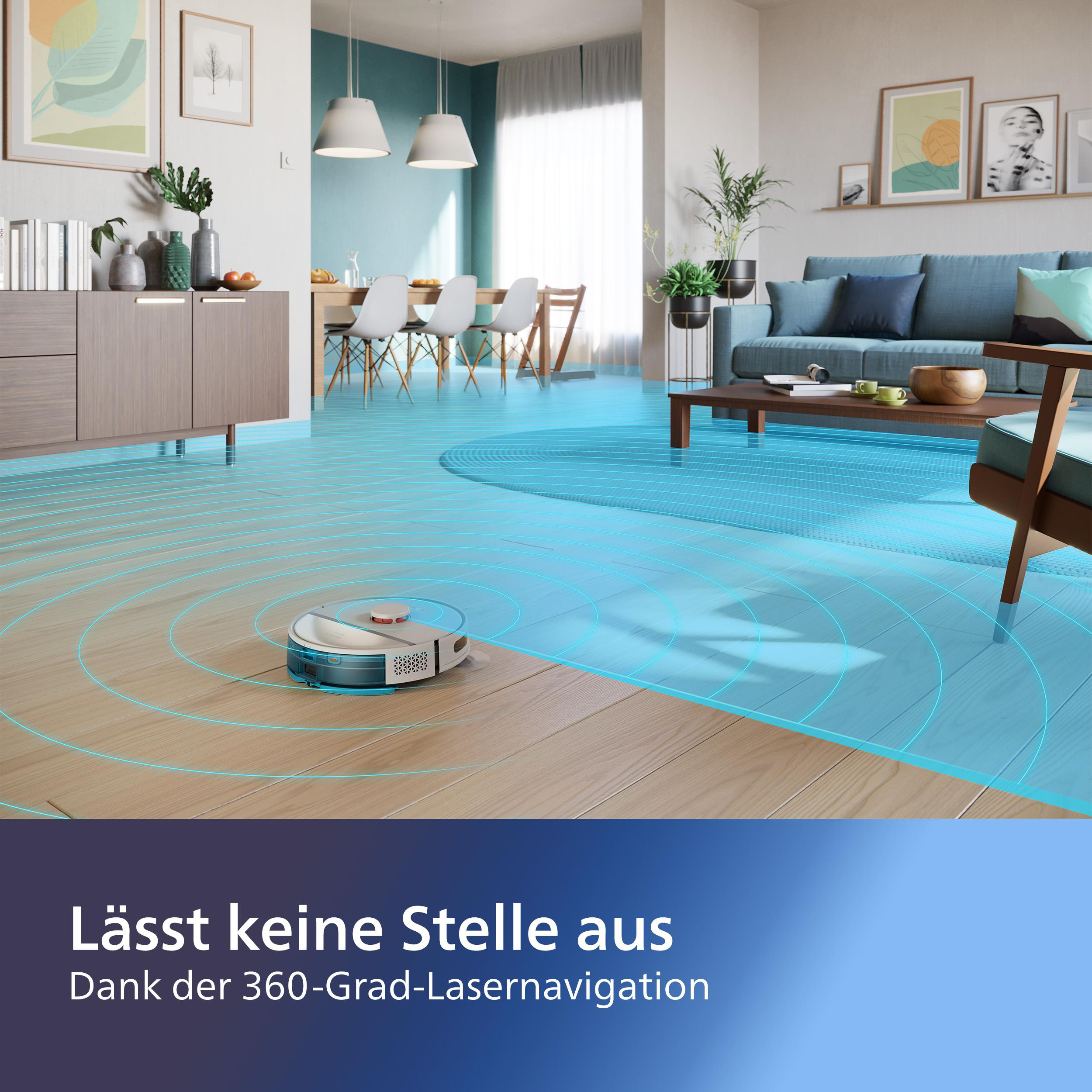 Ein Roboter-Staubsauger reinigt ein Wohnzimmer. Blaue Linien zeigen den Reinigungspfad. Möbel, Kunst und Fenster sind sichtbar.