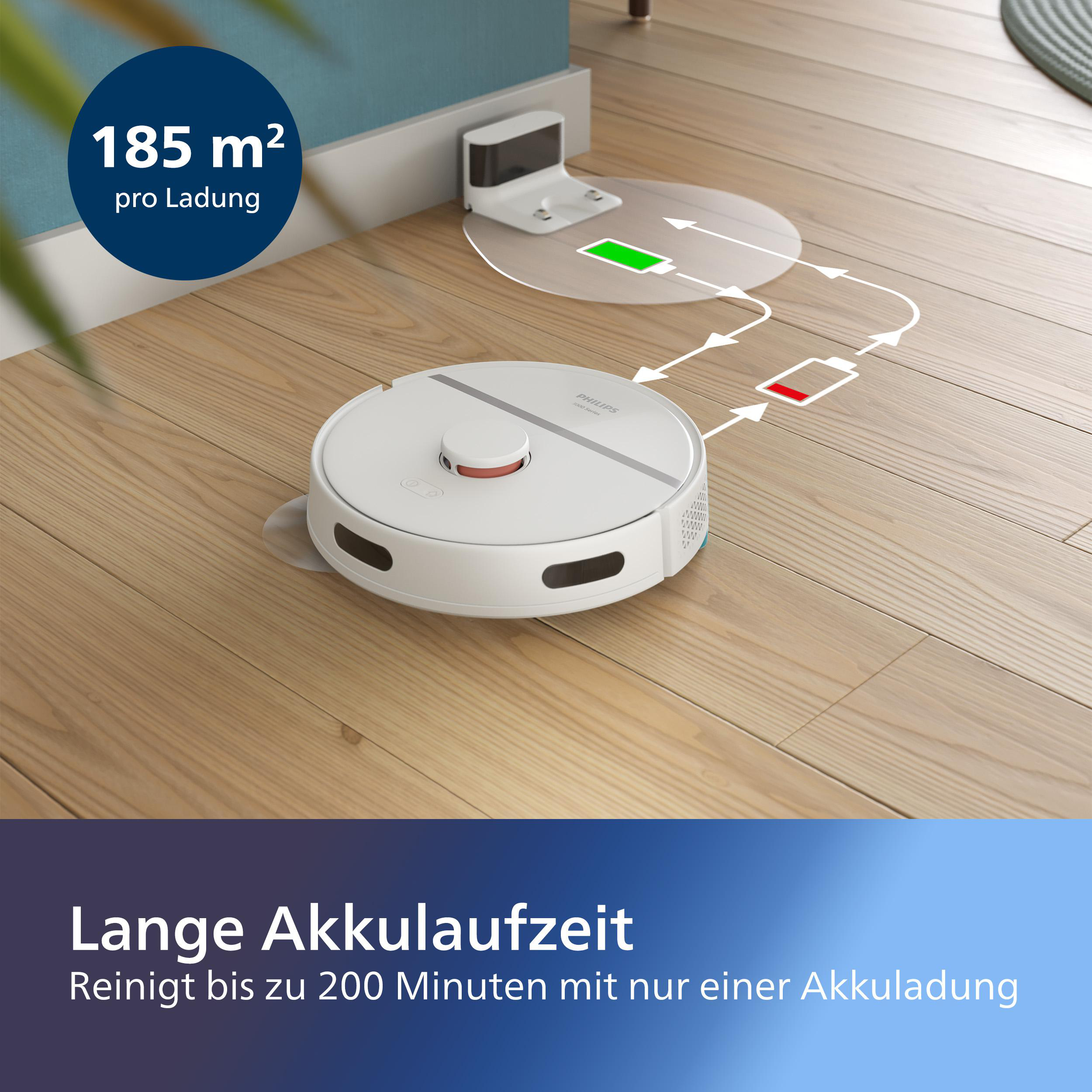 Weißer Roboter-Staubsauger auf Holzboden, Ladestation im Hintergrund. Zeigt Batteriestand und gereinigte Fläche.