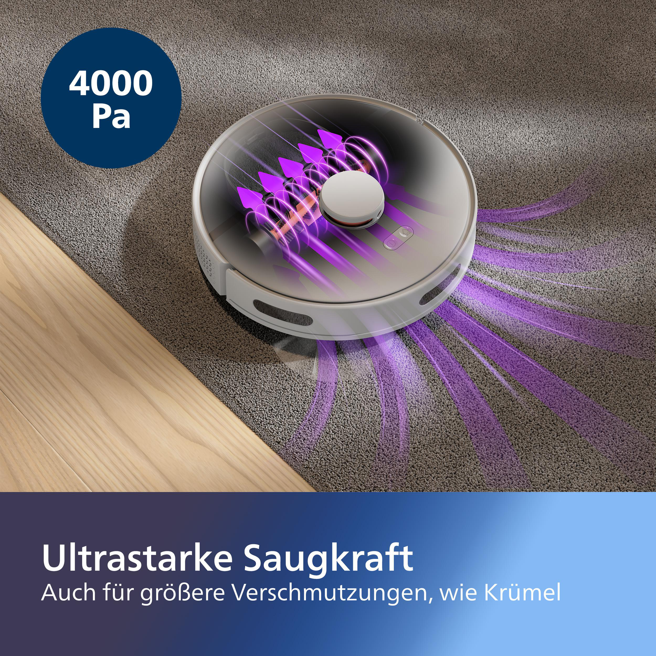 Roboter-Staubsauger reinigt Teppich. Lila Luftströme und Pfeile zeigen Saugkraft. Blauer Kreis mit "4000 Pa".