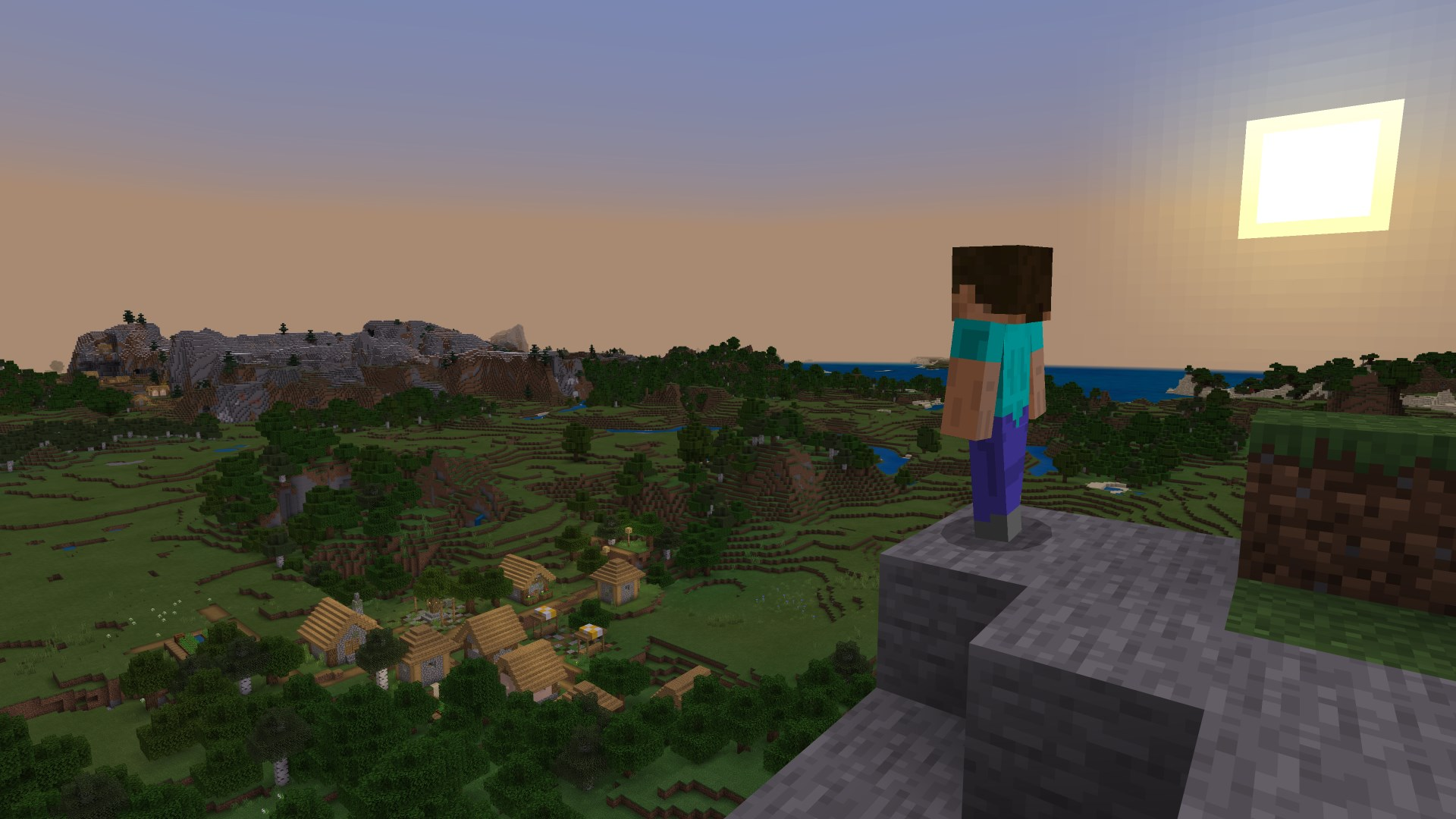 Personnage Minecraft sur une falaise surplombant un paysage avec des villages et un coucher de soleil.