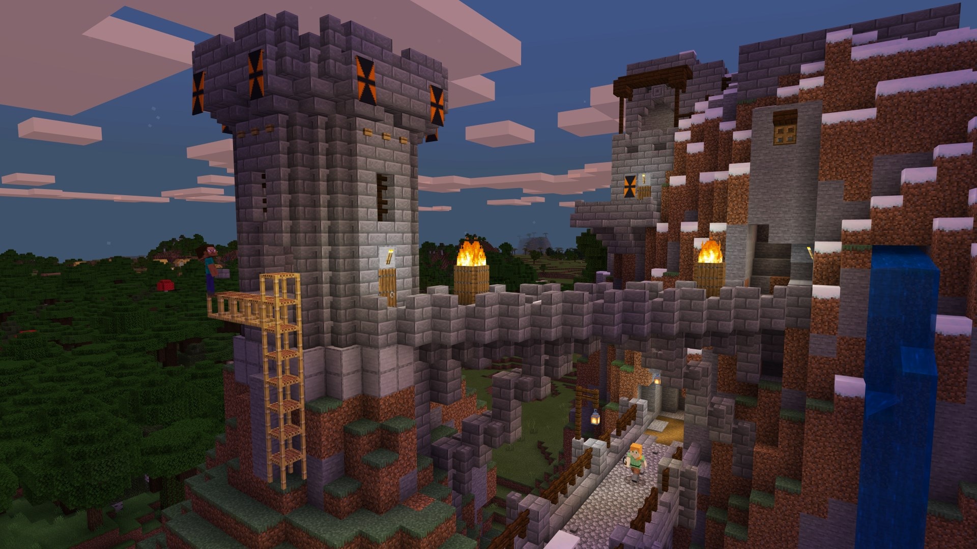 Château Minecraft sur une colline. Tours en pierre, pont en bois, ciel bleu.