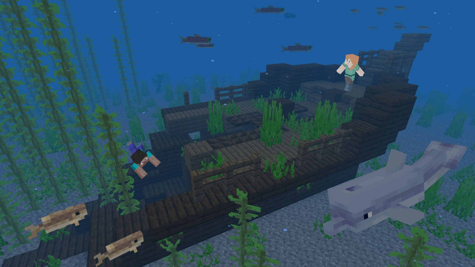 Scène Minecraft. Personnes et dauphin près d'un navire en bois coulé. Scène sous-marine.
