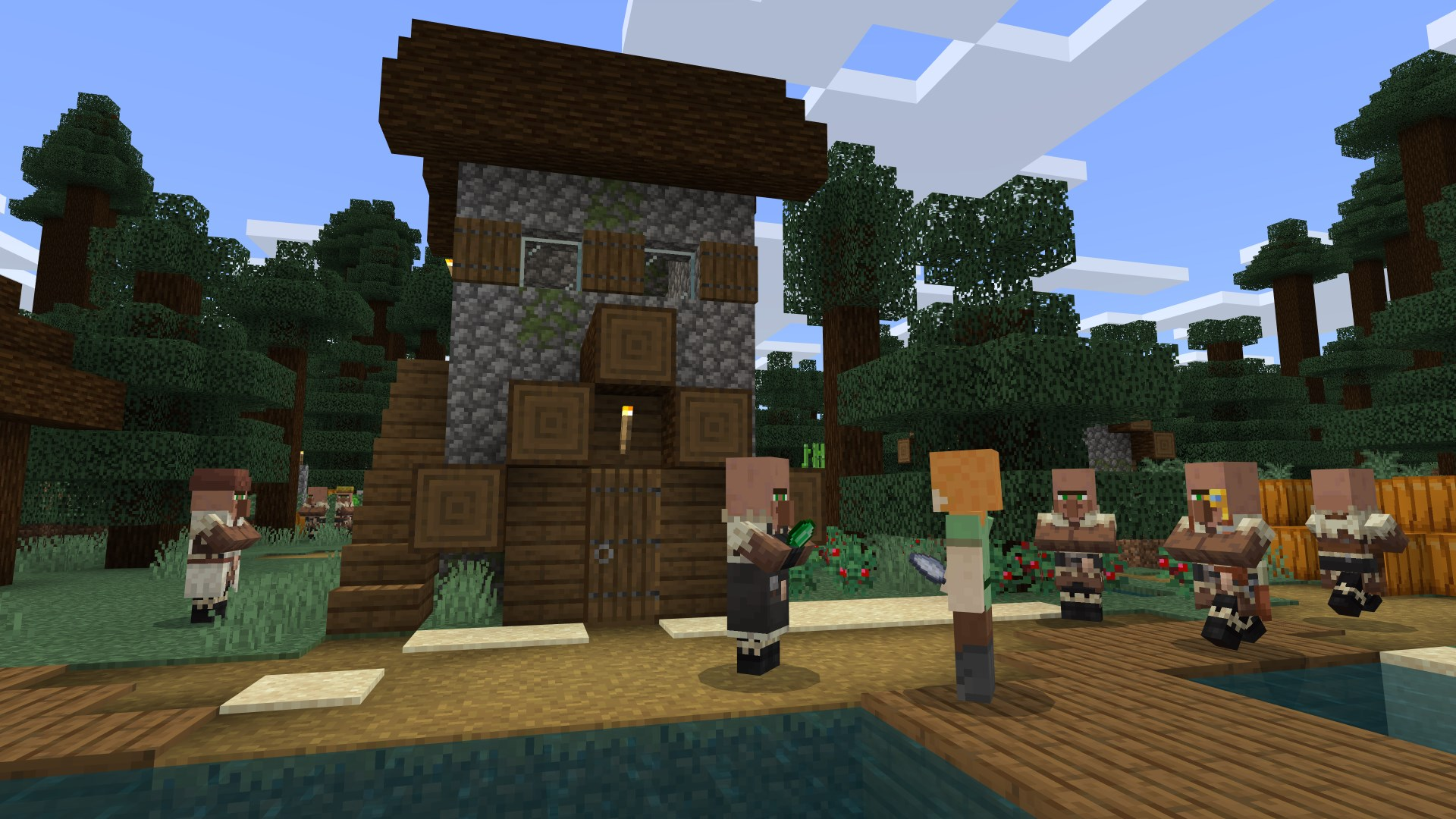 Scène Minecraft : bâtiment, villageois et arbres. Journée calme et ensoleillée, ciel bleu.