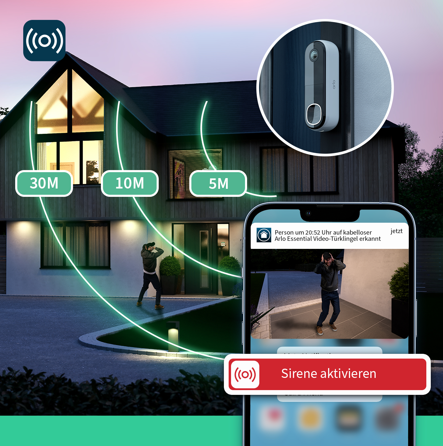 Smart Home Sicherheits-Setup. Ein Haus mit Entfernungen und ein Telefon mit Benachrichtigung.