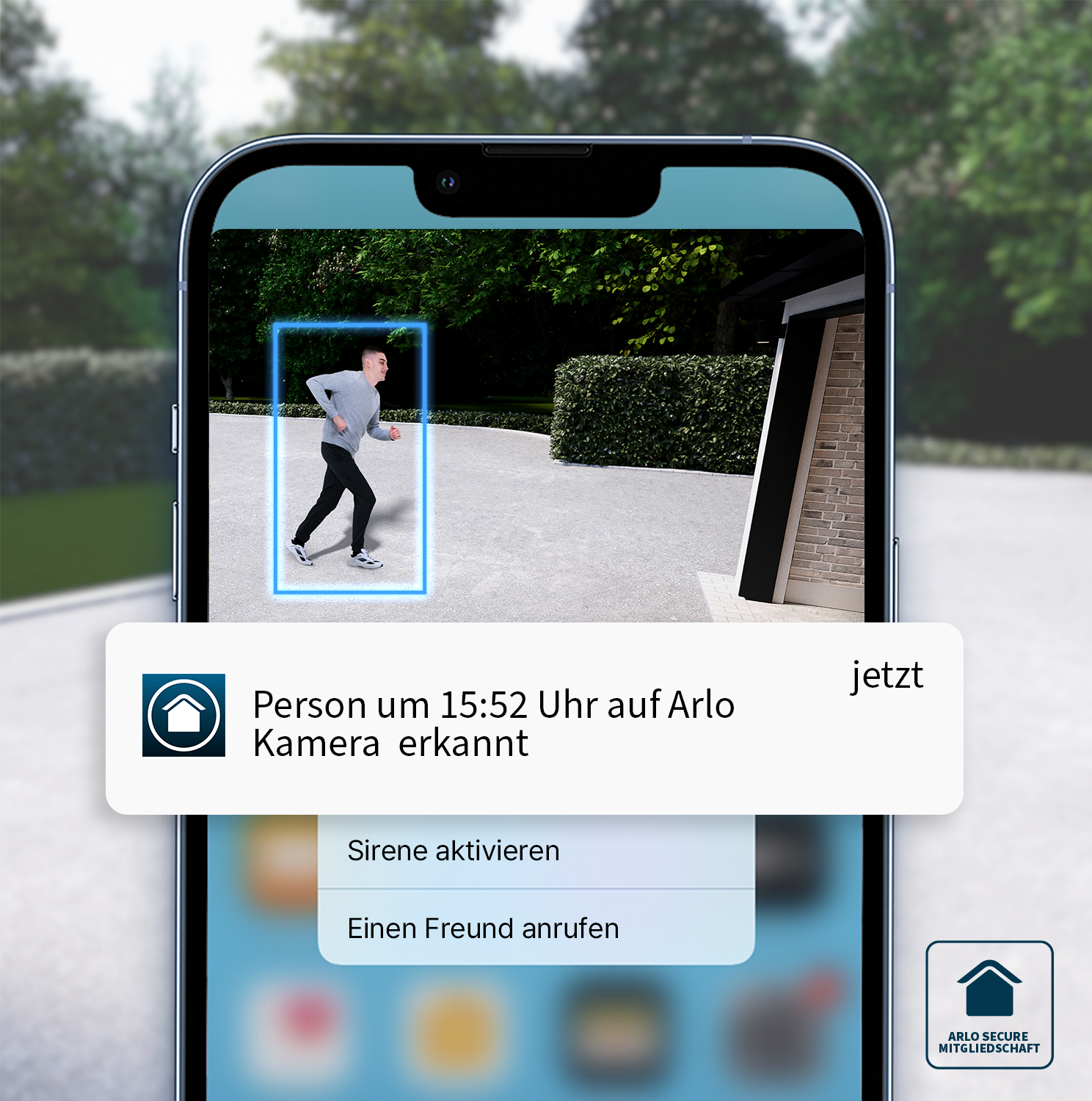 Smartphone-Bildschirm, der eine laufende Person zeigt, mit einer Benachrichtigung über die Kamera.