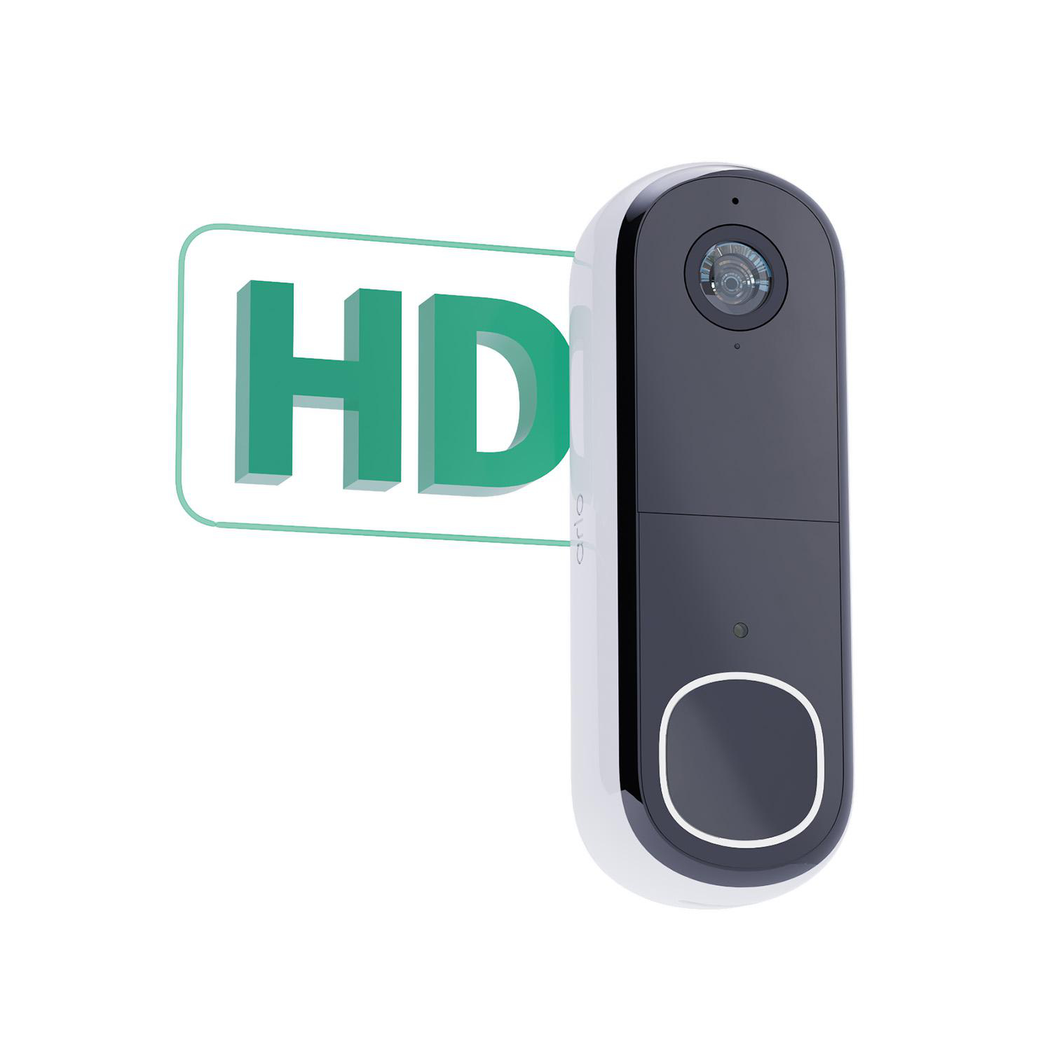 Eine weiße und schwarze HD-Türklingelkamera mit grünem HD-Text.