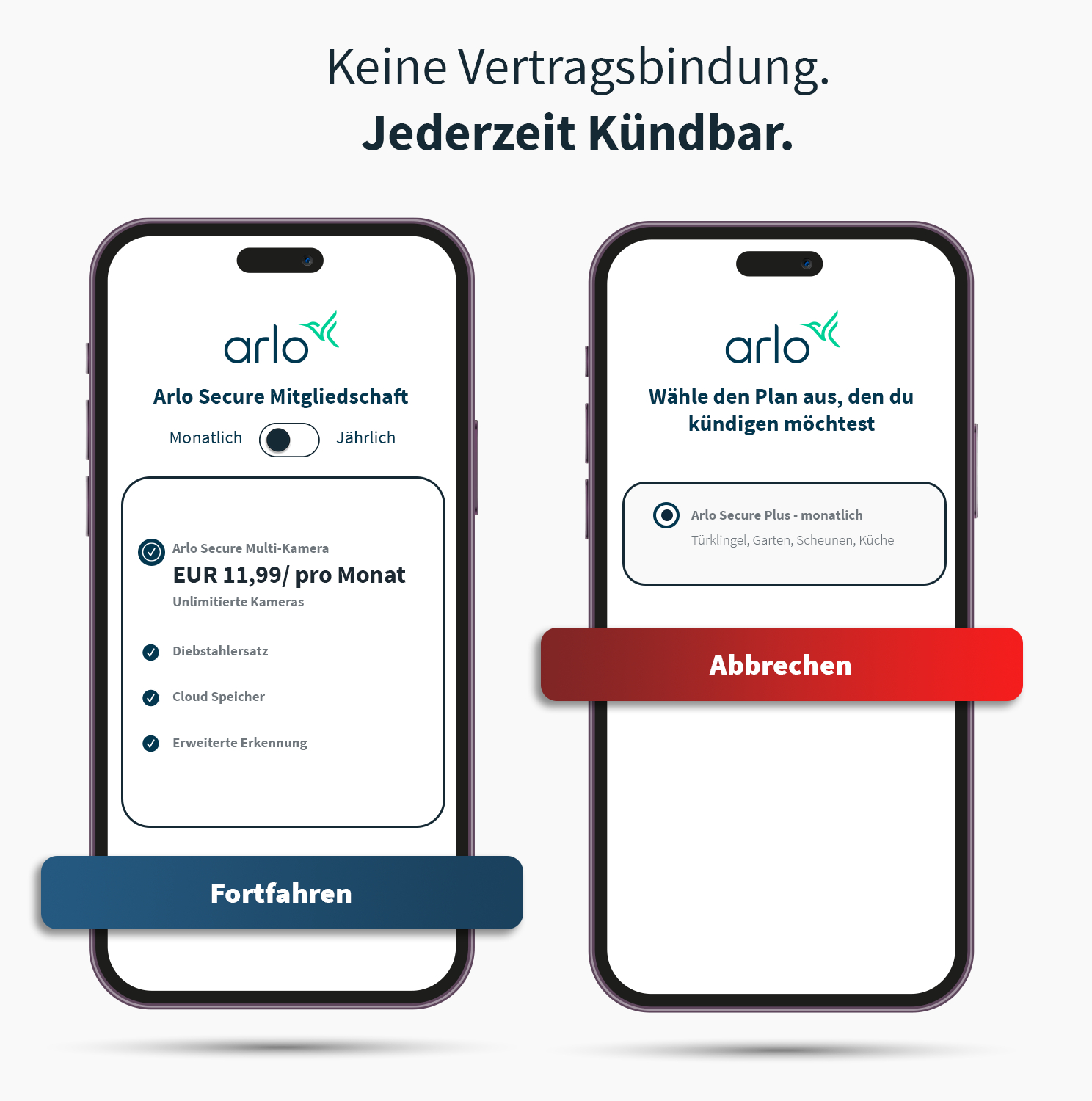 Zwei Telefonbildschirme zeigen Arlo-Abonnementoptionen mit Schaltflächen und Text.