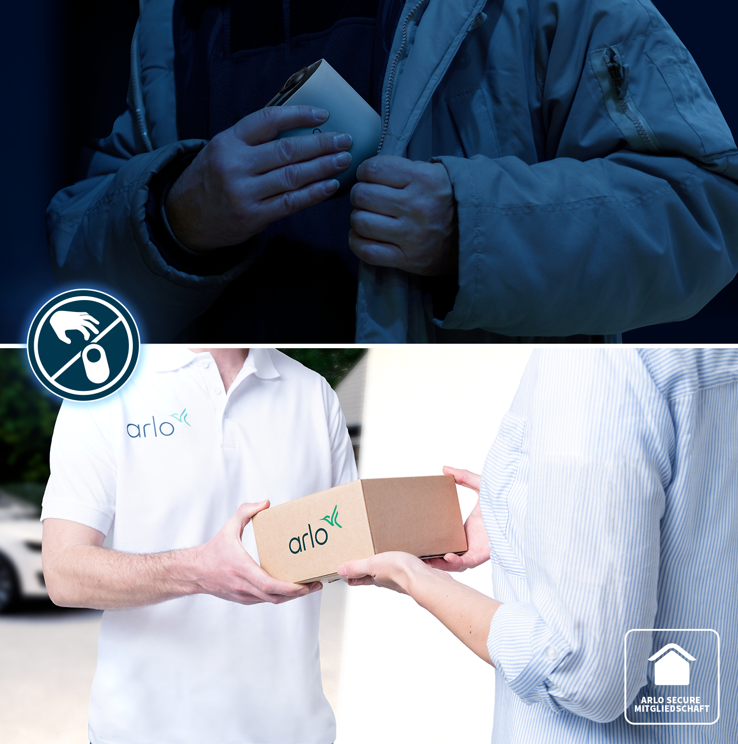 Zwei Arlo-Bilder: eines zeigt eine Hand, die eine Kamera nimmt, das andere einen Boxenaustausch.