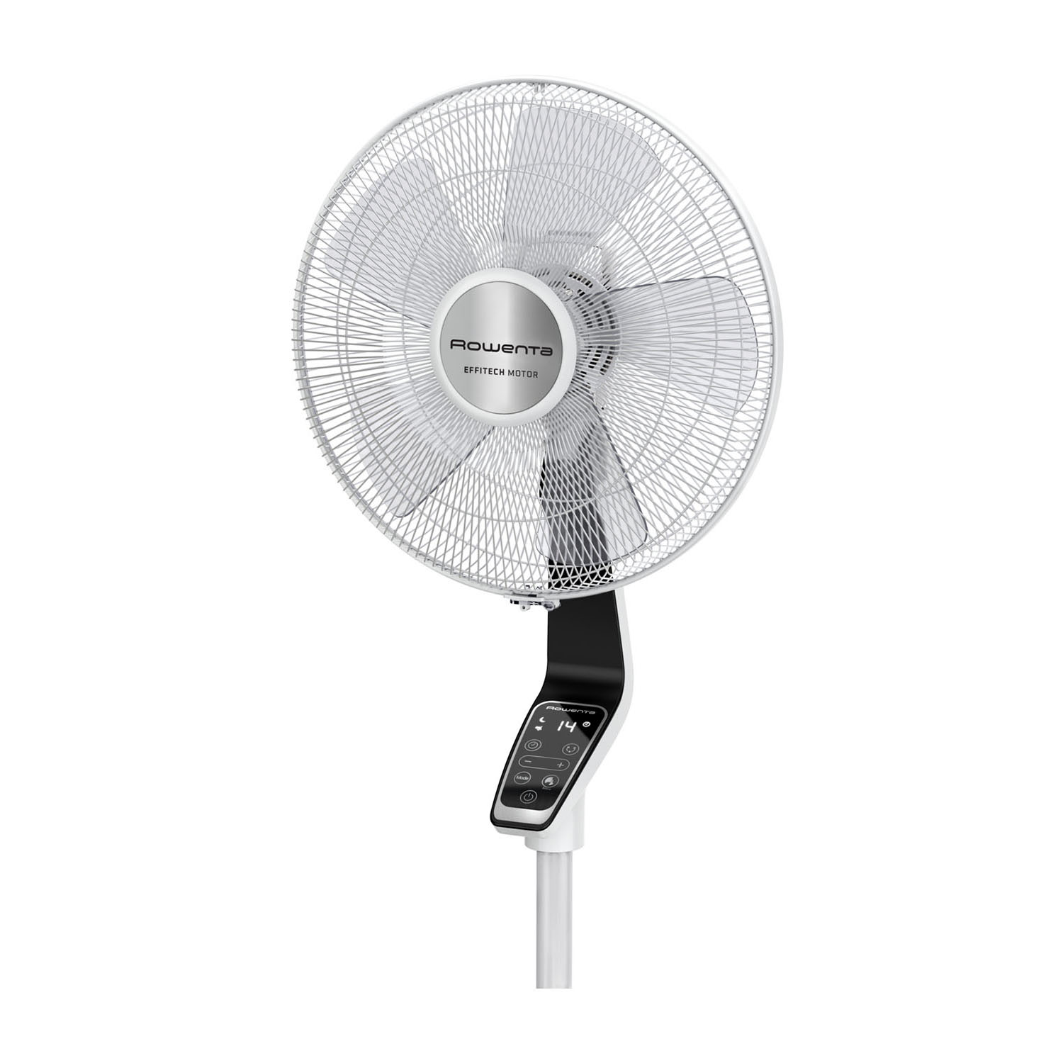 Ventilatore oscillante bianco e argento. Pannello di controllo nero alla base. Sfondo bianco.