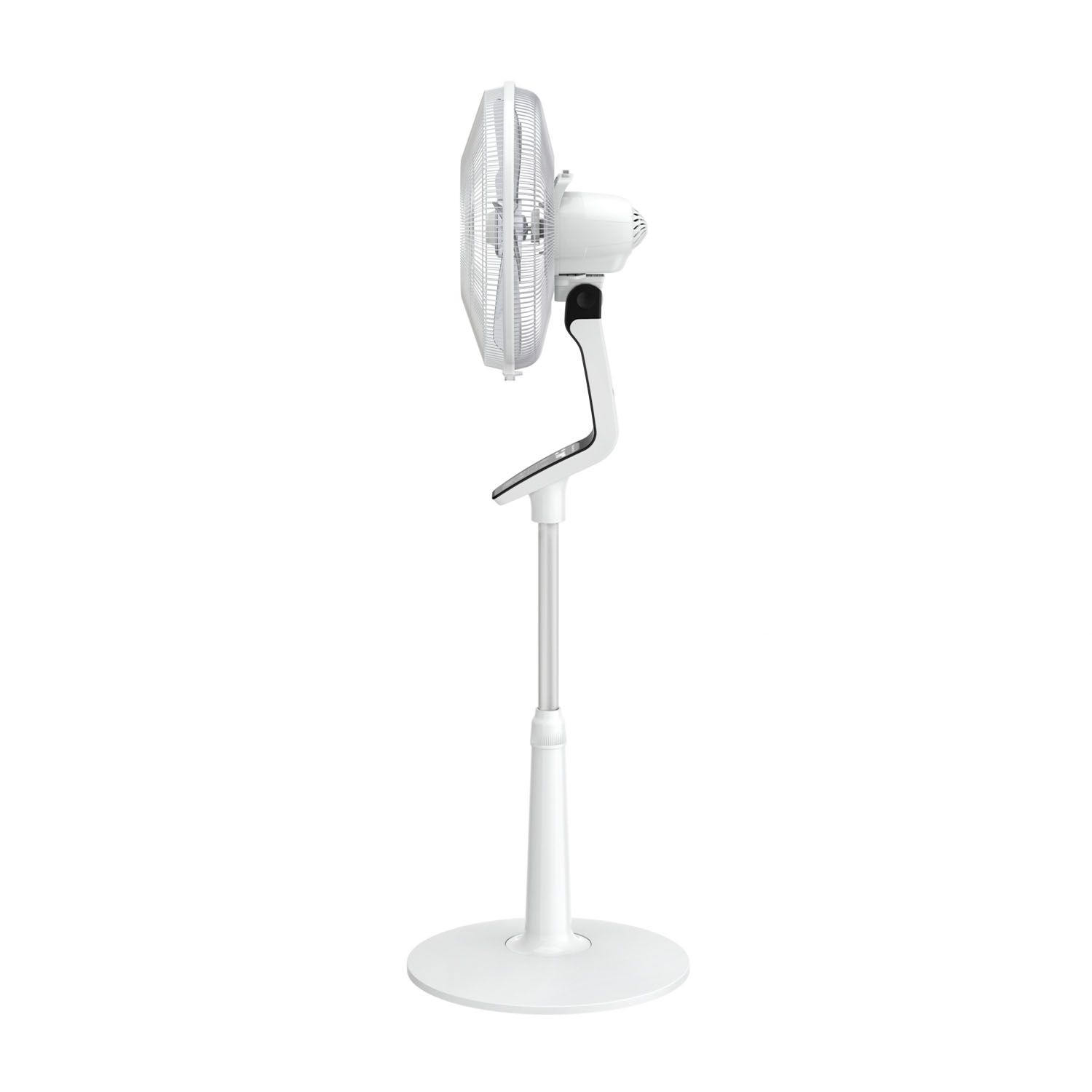 Ventilatore a piantana bianco con base circolare e griglia protettiva frontale.