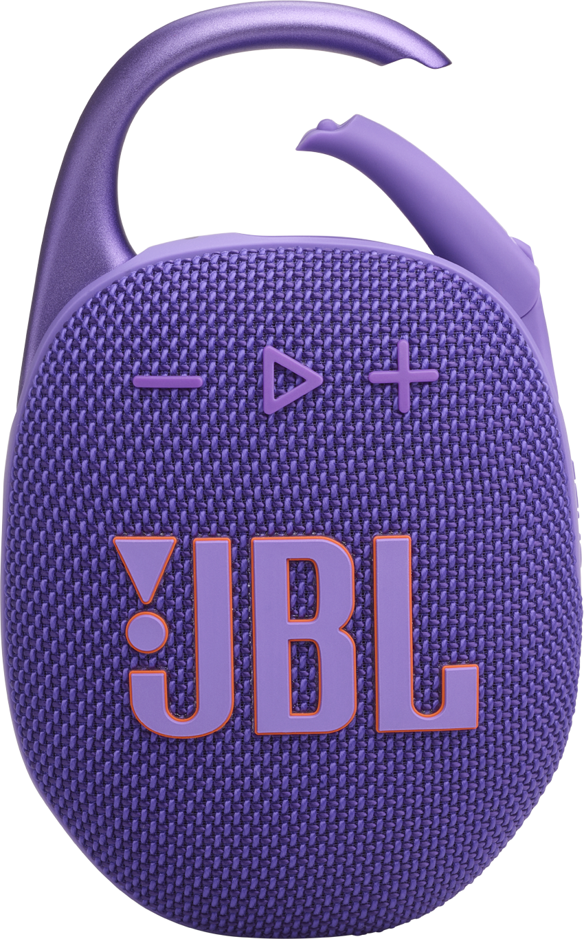 Lila JBL Clip-Lautsprecher mit orangefarbenem Logo und Knöpfen, Haken oben.