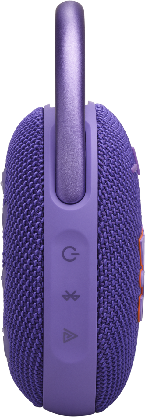 Lila Lautsprecher mit Griff. Knöpfe für Strom, Bluetooth und Aktion. Nahaufnahme.