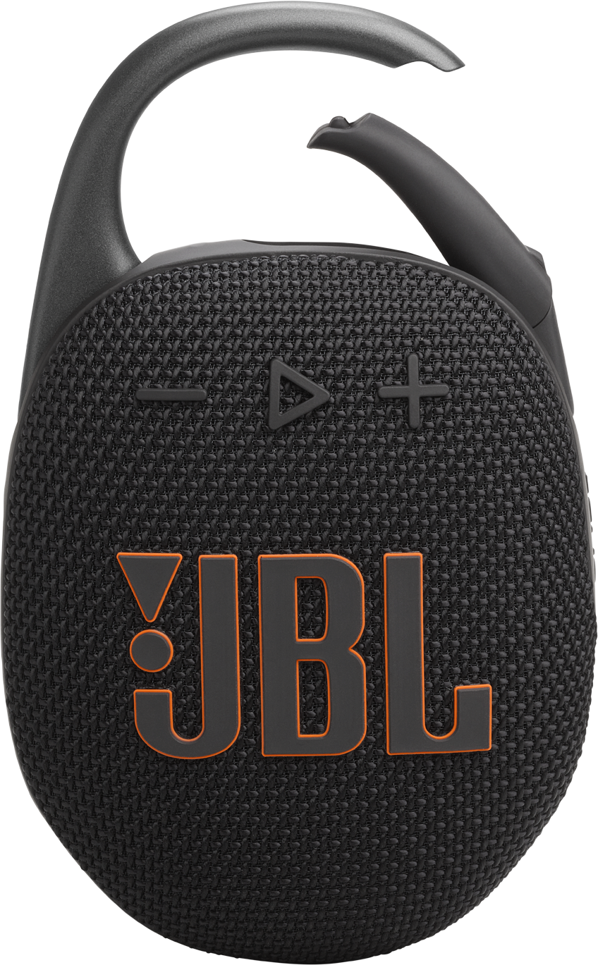 Altoparlante JBL Clip nero con testo arancione. Ha una clip e pulsanti neri.
