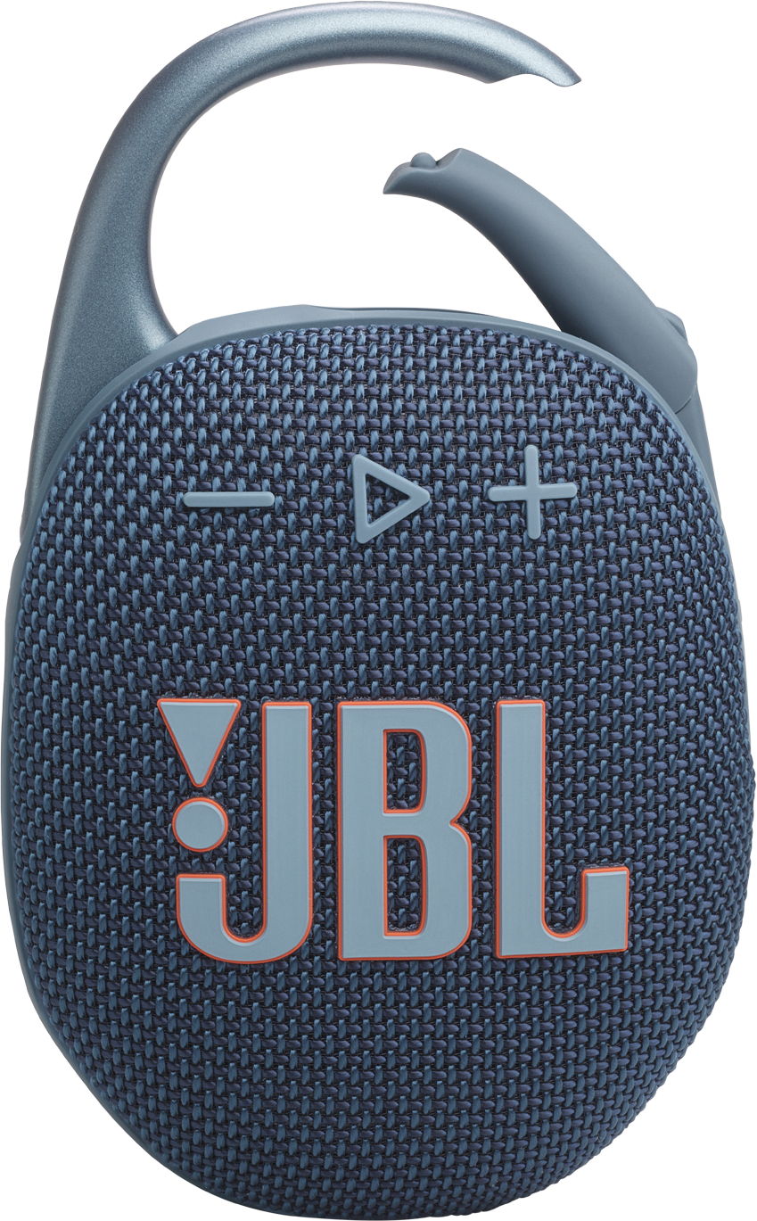 Blaue JBL Clip-Lautsprecher mit orangefarbenem JBL-Logo. Mit Lautstärke- und Play/Pause-Tasten.