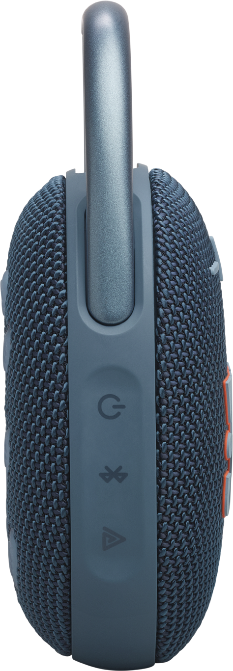 Blauer Lautsprecher mit Knöpfen und Griff. Mit Strom-, Bluetooth- und Audioeingangssymbolen.