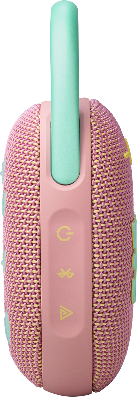 Ein rosa-gelber kabelloser Lautsprecher mit türkisfarbenem Griff und Knöpfen. Seitenansicht, klein und farbenfroh.