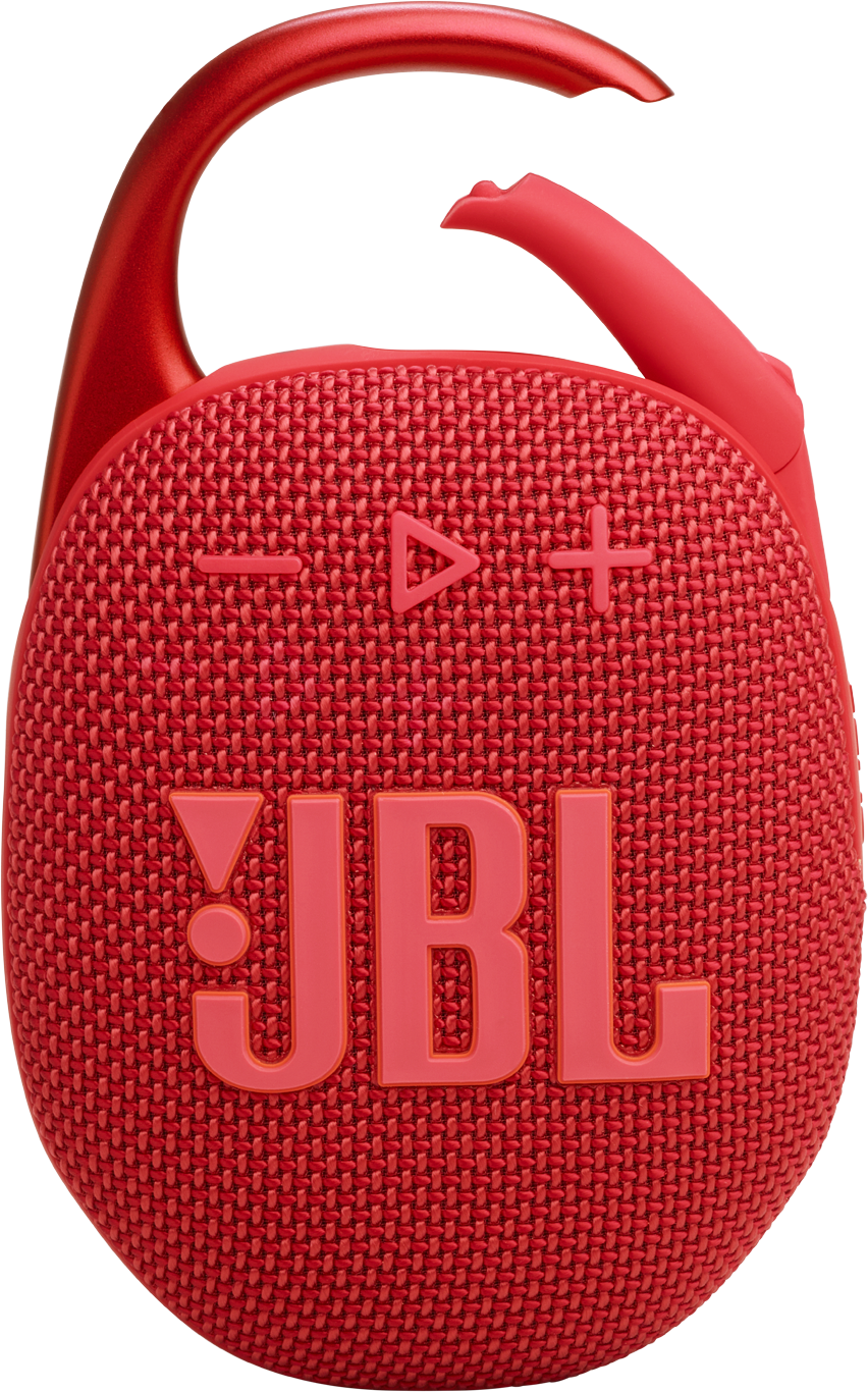 Roter JBL Clip-Lautsprecher mit rotem Clip, Lautstärke- und Play/Pause-Tasten. Das JBL-Logo ist sichtbar.