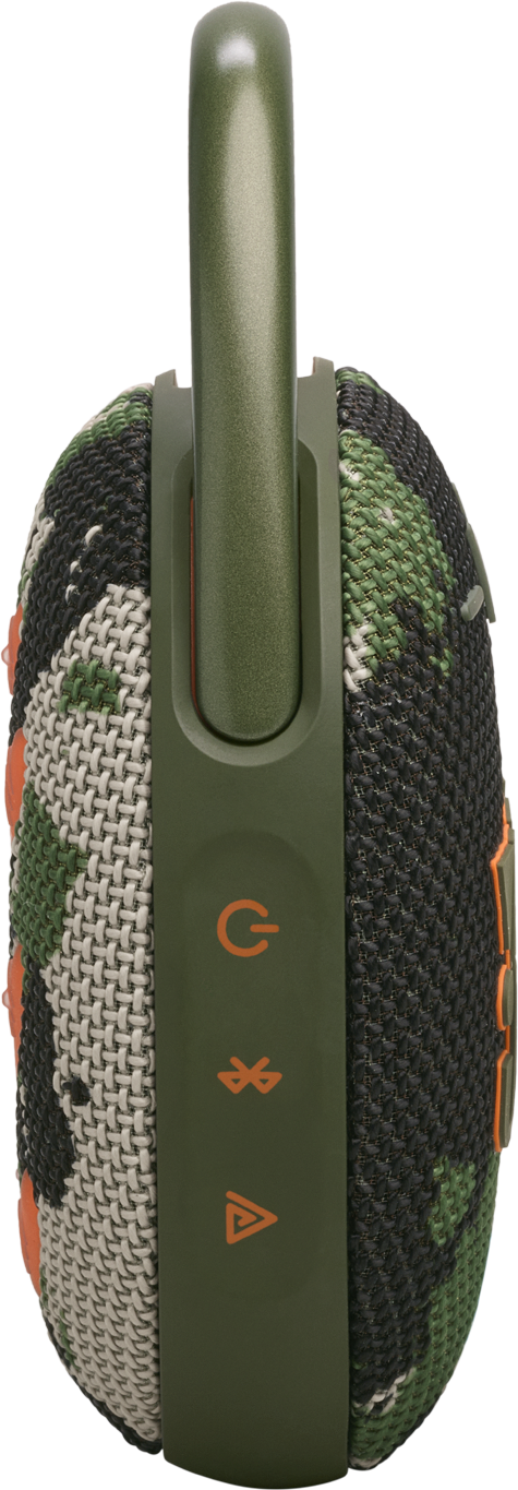 Grüner und Camouflage-Lautsprecher mit grünem Griff und orangefarbenen Knöpfen.