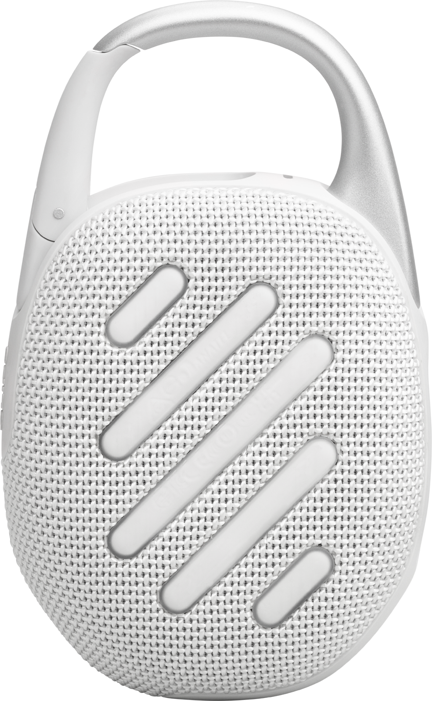 Ein weißer JBL-Lautsprecher, rund mit silbernem Clip und drei weißen Streifen.
