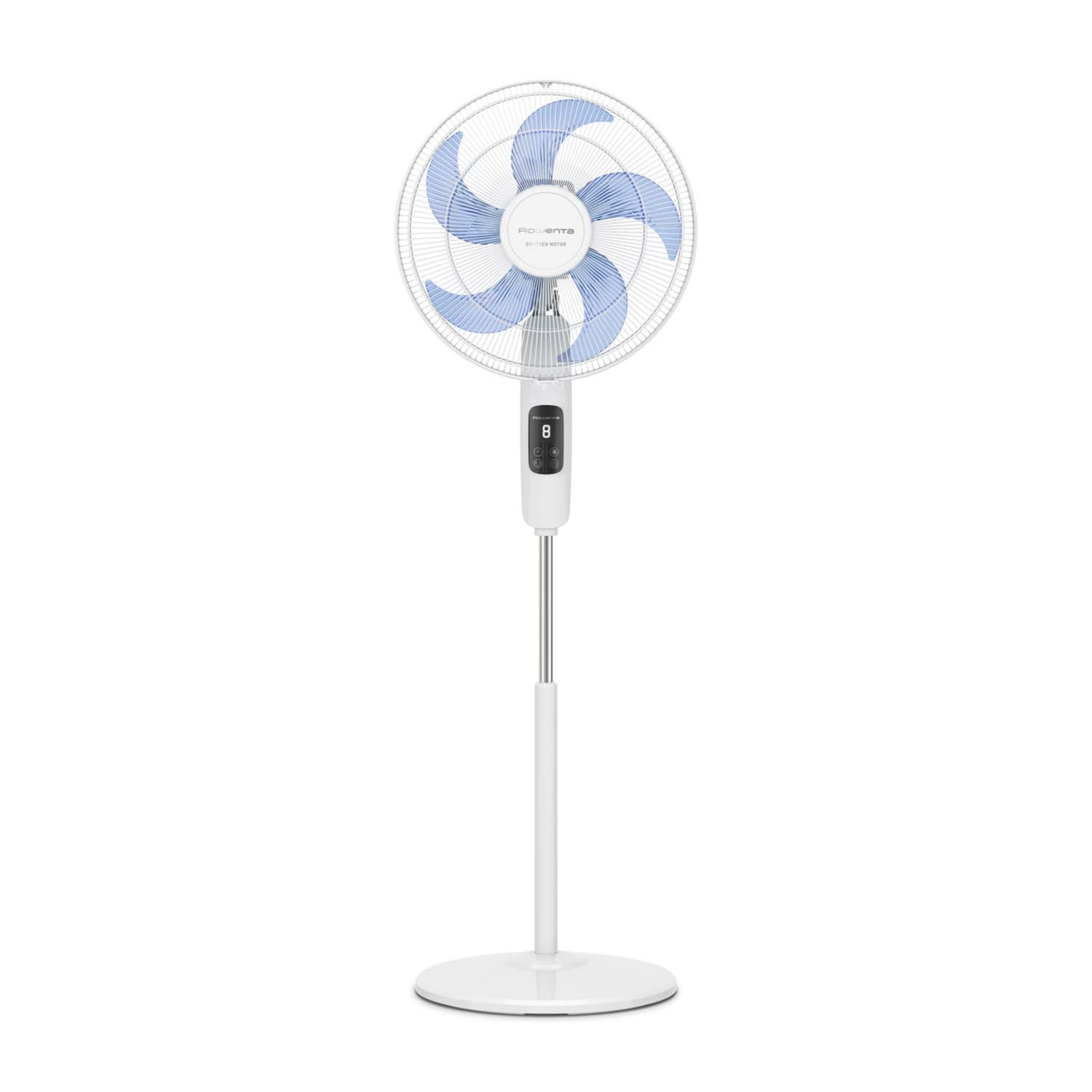 Ventilatore a colonna bianco con pale blu e display digitale.