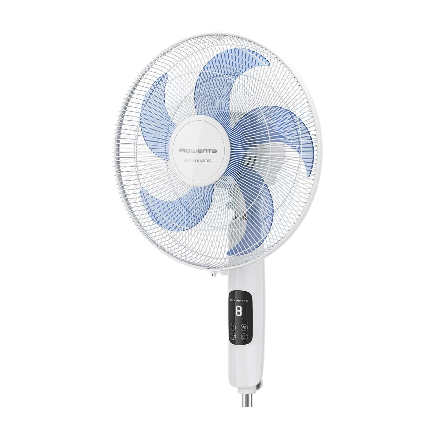 Ventilatore da terra bianco con pale blu. Sfondo bianco.
