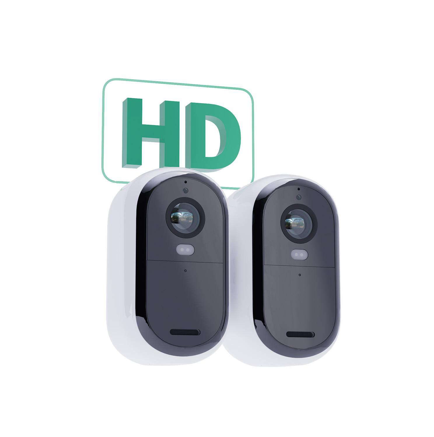 Zwei weiße Überwachungskameras. HD-Logo oben. Schwarze Linsen und Gehäuse. Weißer Hintergrund.