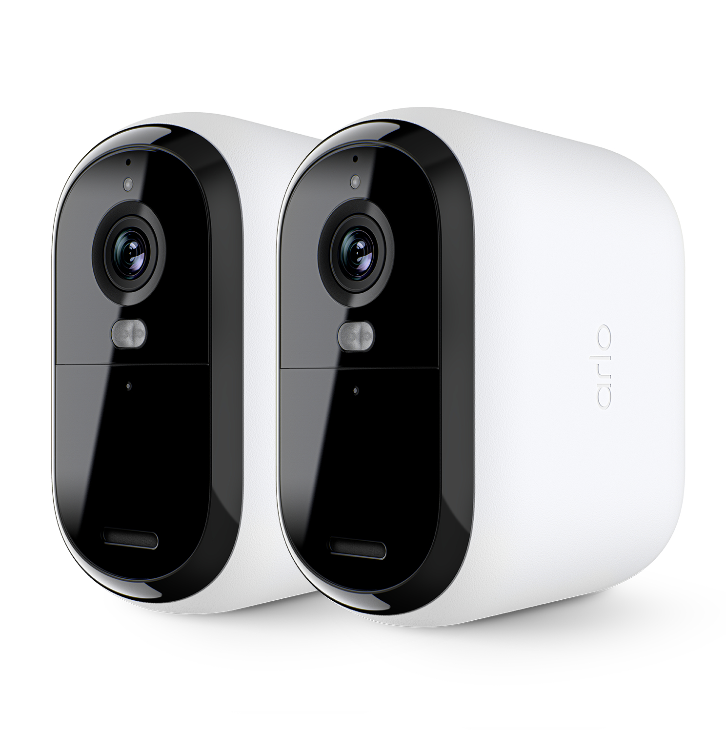 Zwei weiße Arlo-Sicherheitskameras mit schwarzen Gesichtern. Sie stehen nebeneinander und haben Objektive.