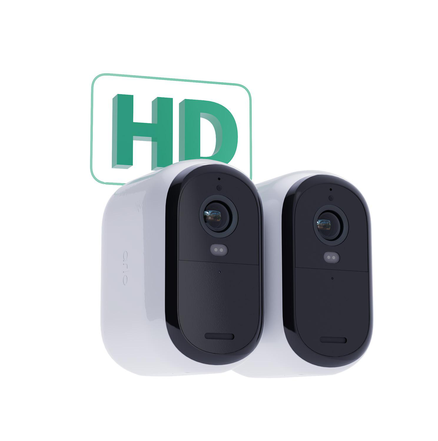 Zwei weiße Arlo Sicherheitskameras mit HD-Logo.