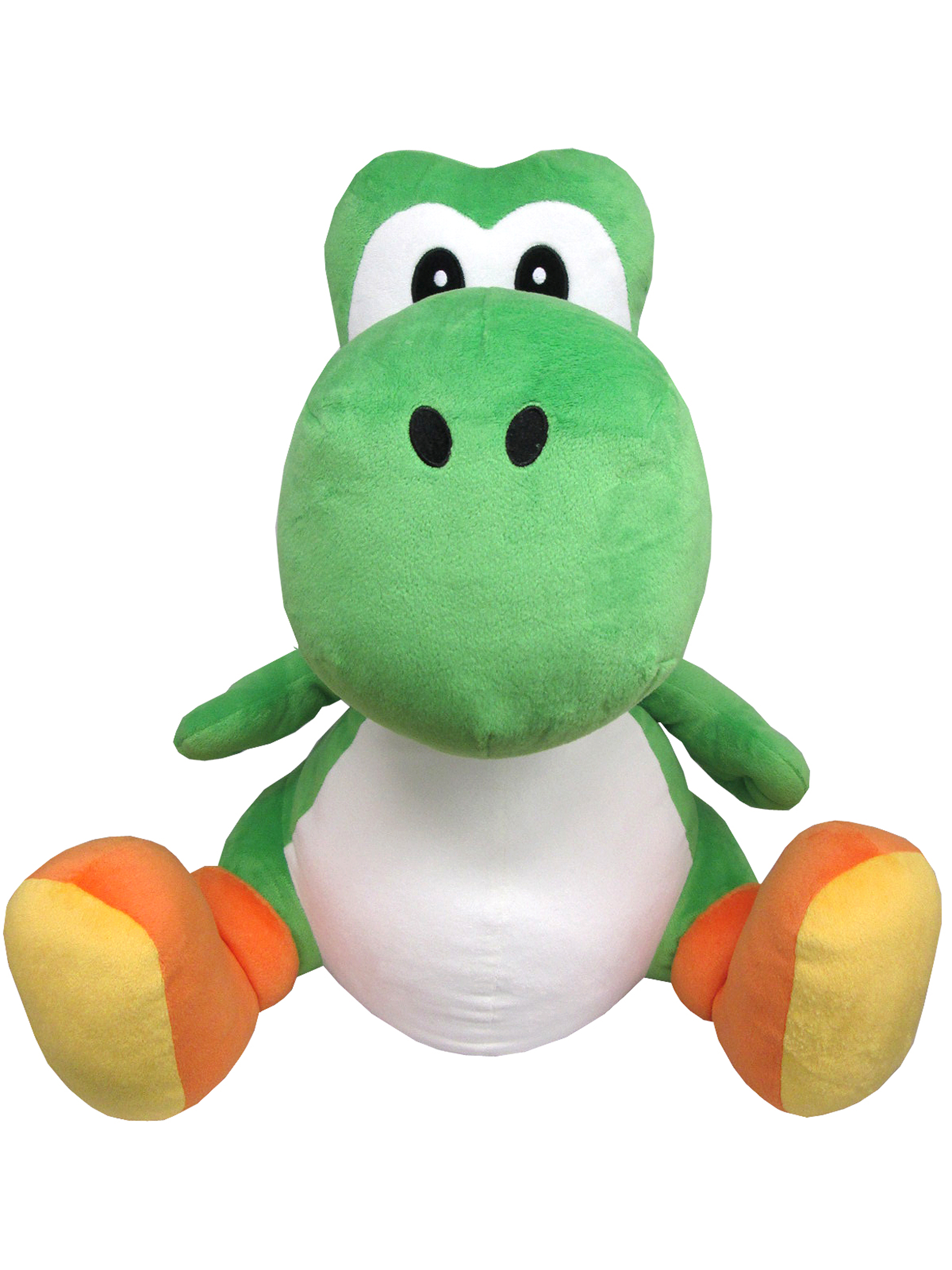 Yoshi-Plüschtier, grüner Körper, weißer Bauch, orangefarbene Schuhe und große Augen.