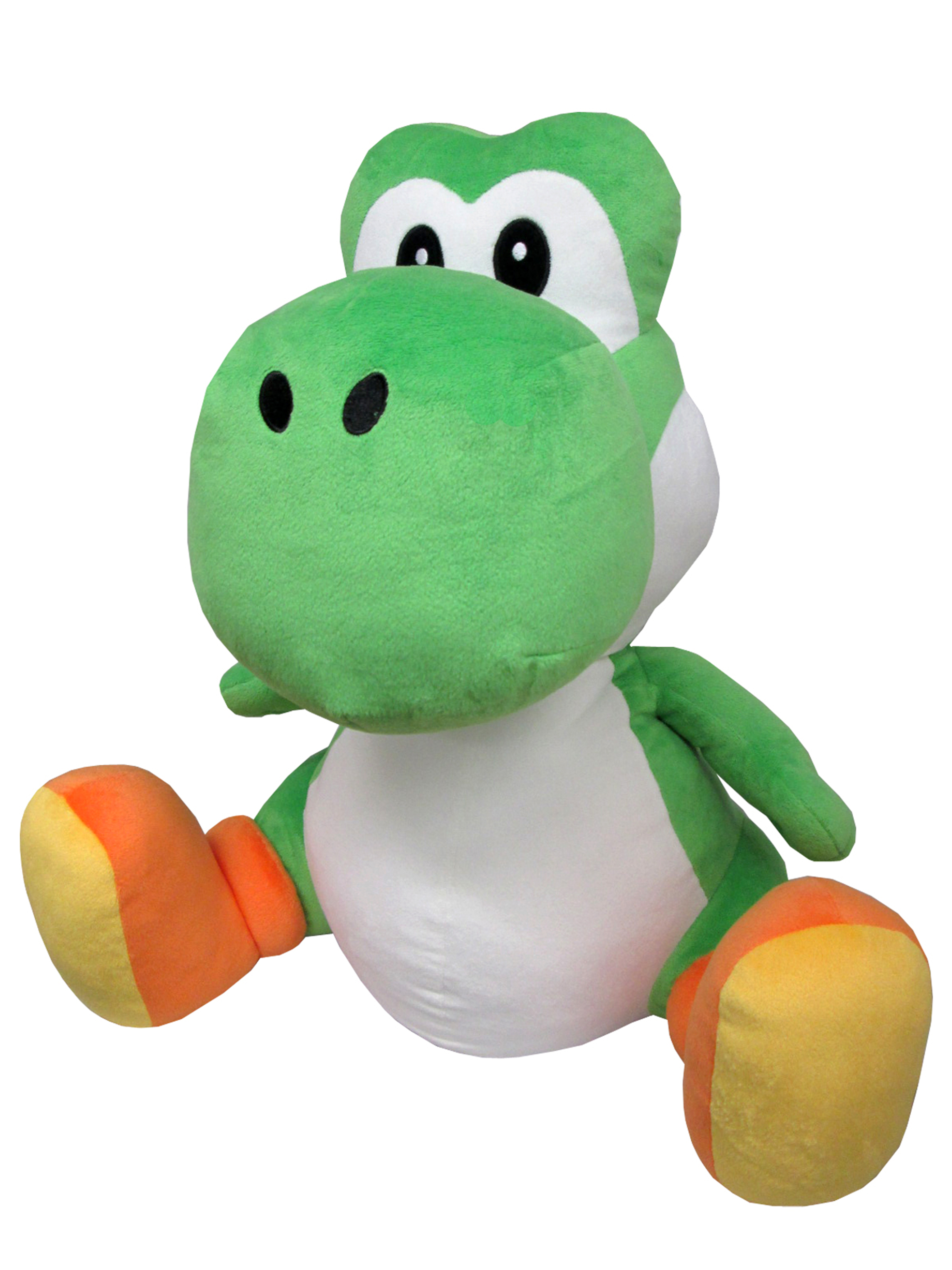 Grünes Yoshi-Plüschtier, das mit orangenen Füßen sitzt.