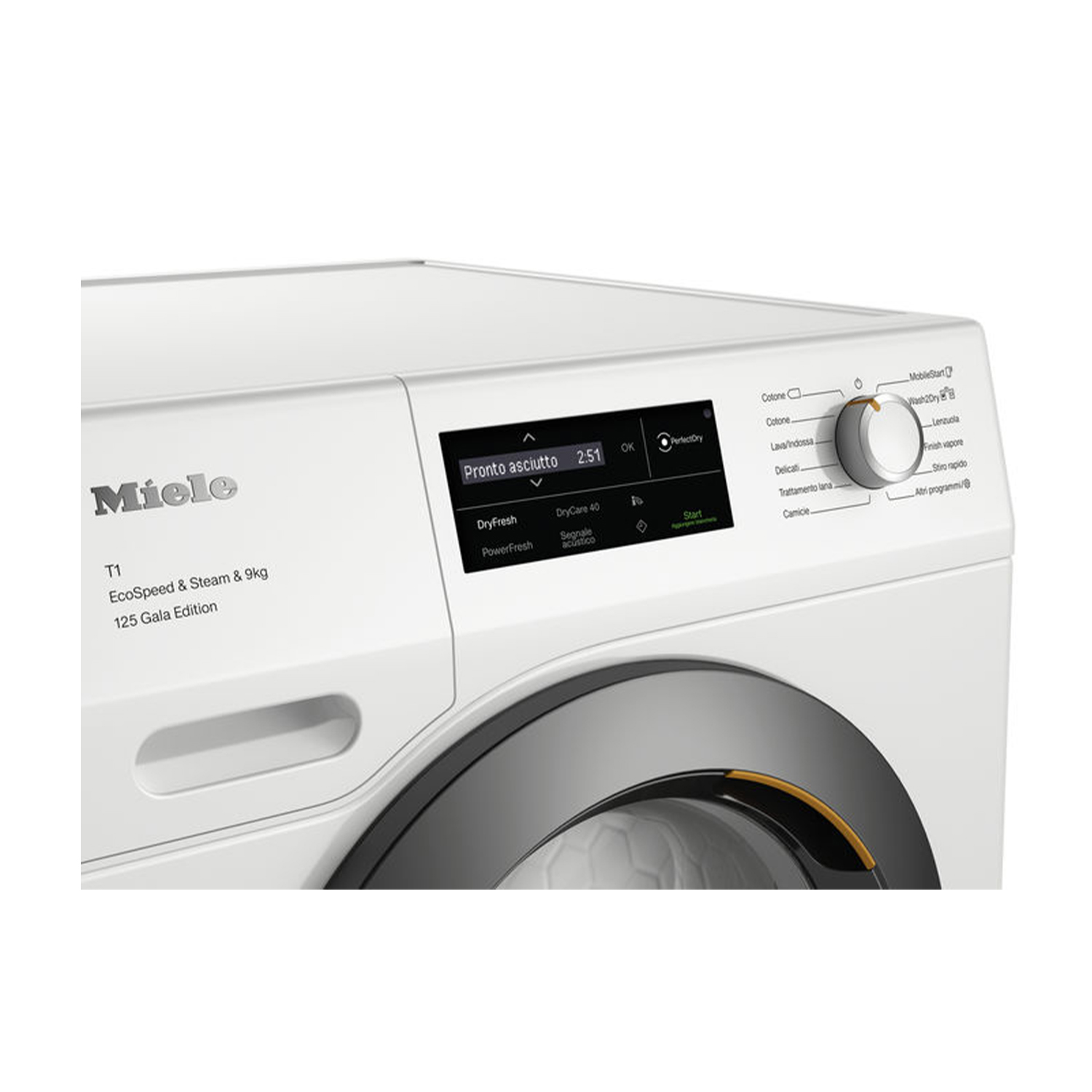 Dettaglio del pannello di controllo di una lavatrice Miele bianca, che mostra il display e i pulsanti.