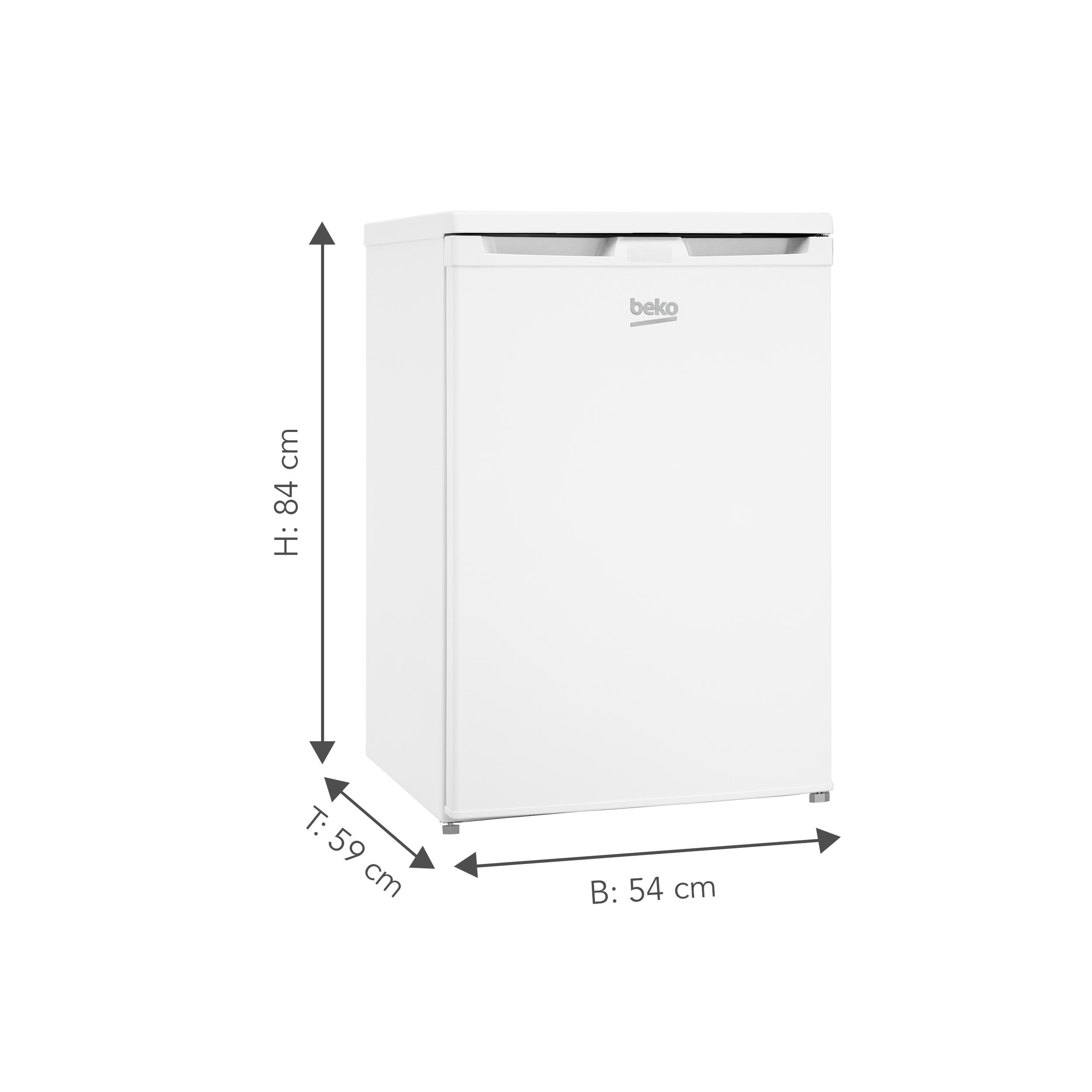 Weißer Beko-Minikühlschrank mit Abmessungen: Höhe 84 cm, Breite 54 cm, Tiefe 59 cm.
