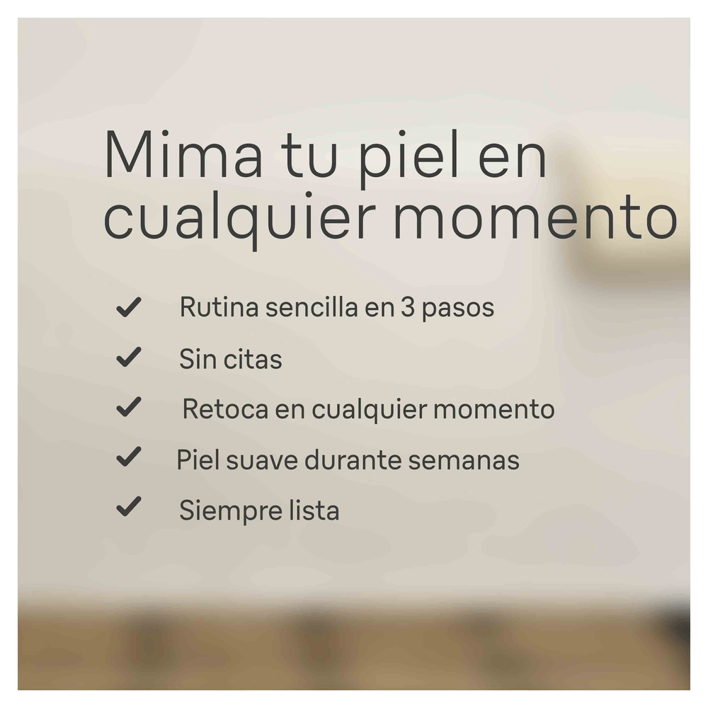 Texto con marcas de verificación: Rutina sencilla en 3 pasos, sin citas, piel suave.
