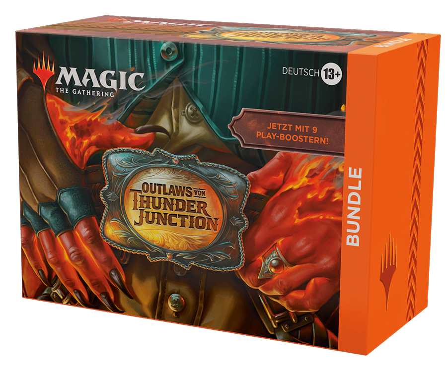 Schachtel mit Magic: The Gathering-Karten. Farbenfrohes Artwork. Rote, orange und braune Töne. Text auf Deutsch.
