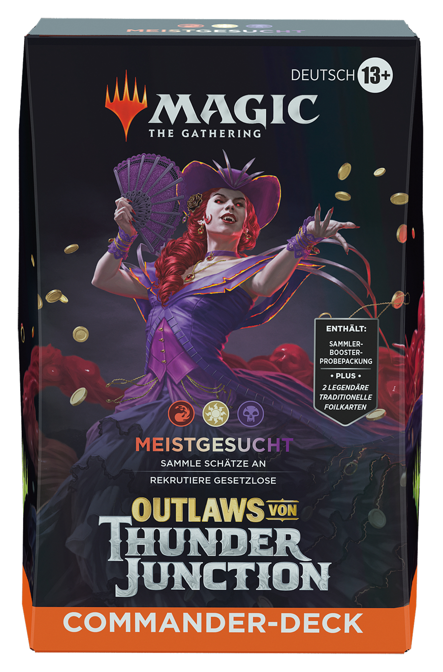 Magic: The Gathering Outlaws of Thunder Junction Commander Deck Box, mit Artwork und Text.