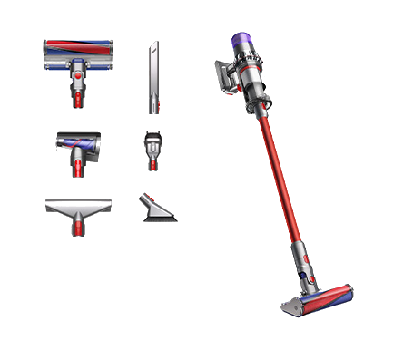 Dyson V15 Detect Akku-Staubsauger und Zubehör. Rot und Silber mit abnehmbaren Teilen.