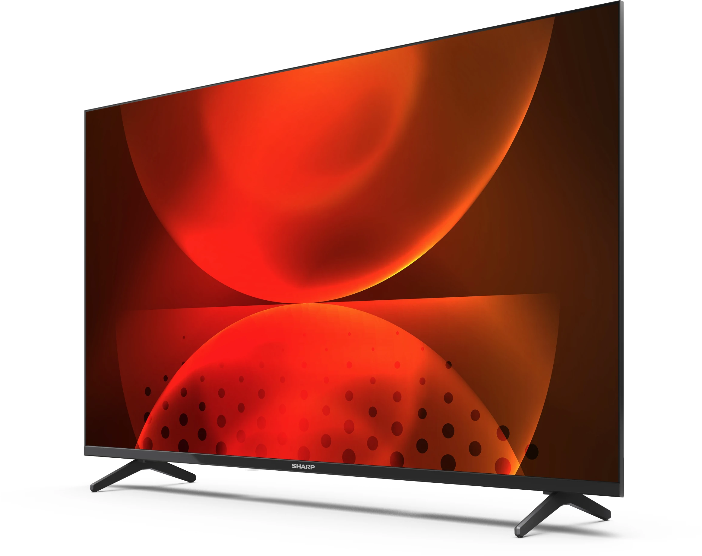 Egy nagy, fekete Sharp TV élénk piros és narancs absztrakt dizájnnal a képernyőn.