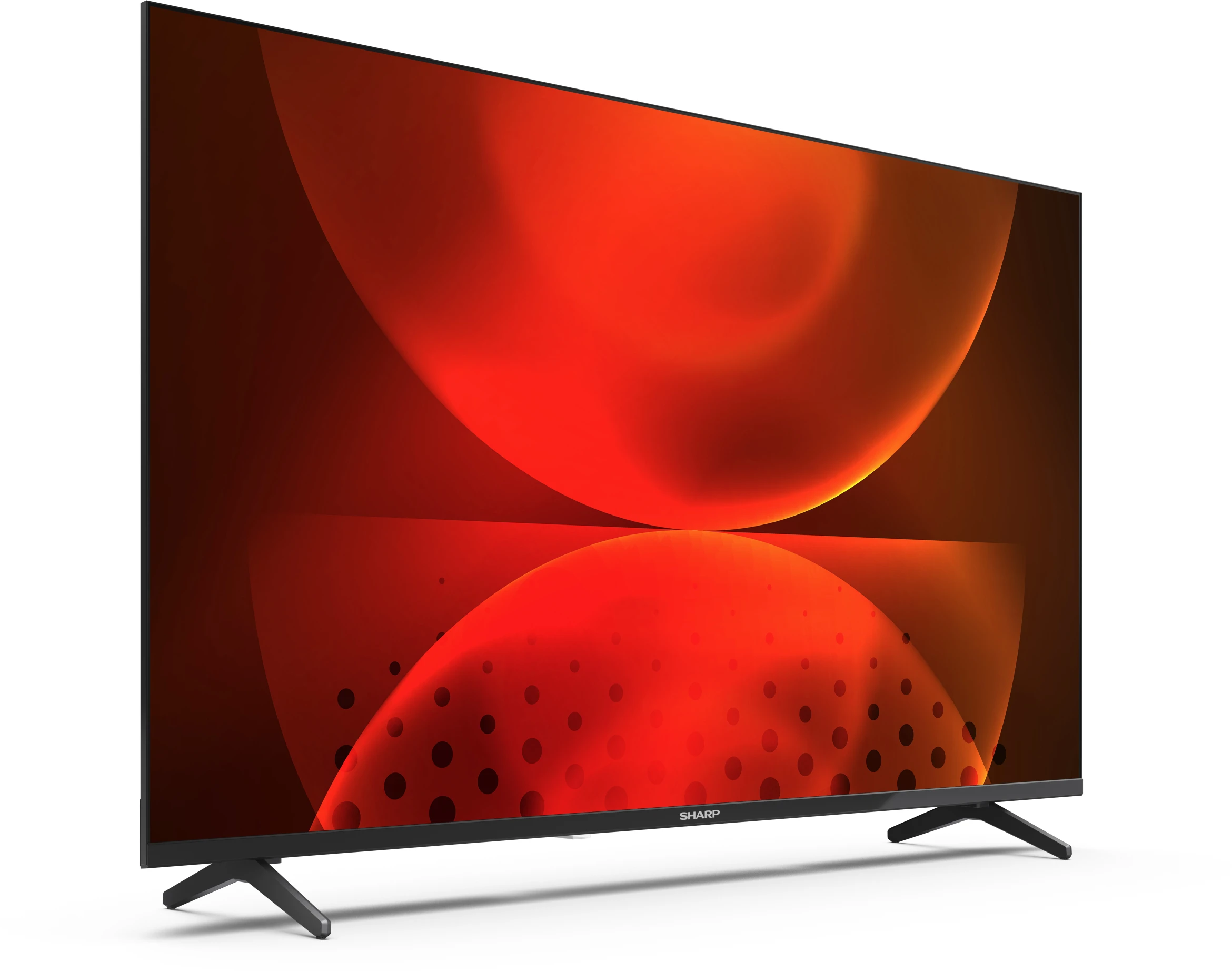 Egy Sharp TV piros, narancssárga és sárga absztrakt háttérrel.