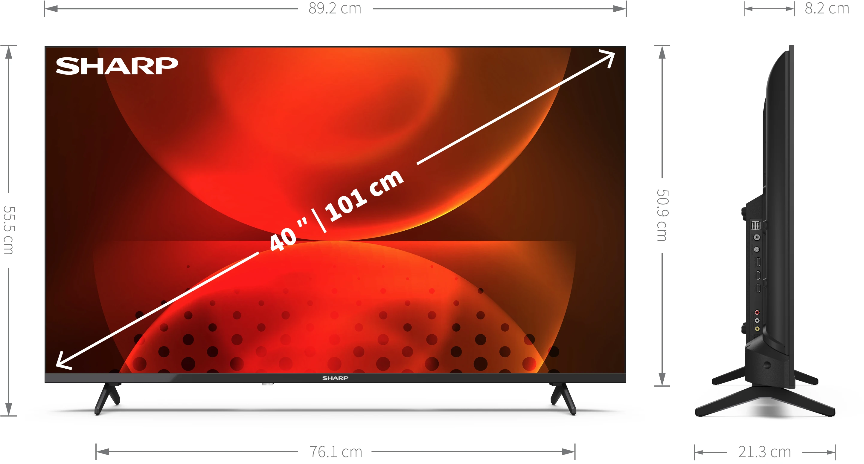 40 hüvelykes Sharp TV méretekkel. Oldalnézet portokat és állványt mutat.