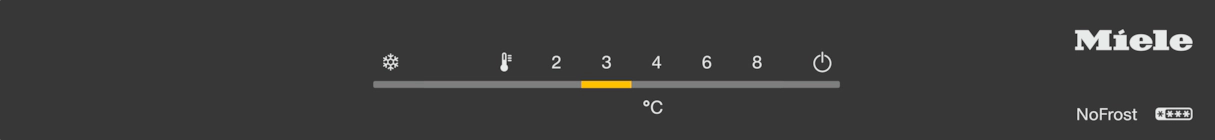 Pantalla negra mostrando ajustes de temperatura sobre fondo gris oscuro, logo Miele.