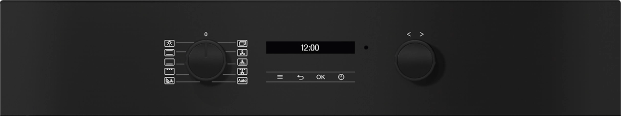 Panel de control de electrodoméstico negro con dos perillas, una pantalla digital que muestra 12:00 y varios iconos.