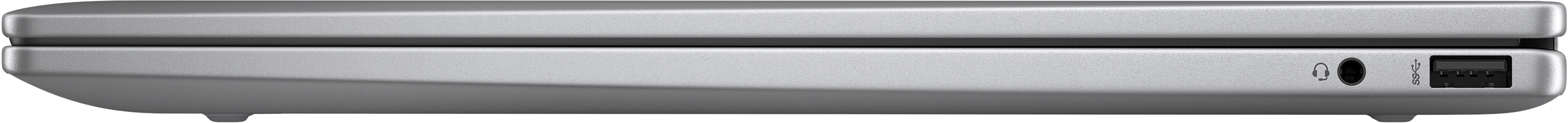 Silberner Laptop, Seitenansicht mit Kopfhörer- und USB-Anschlüssen.