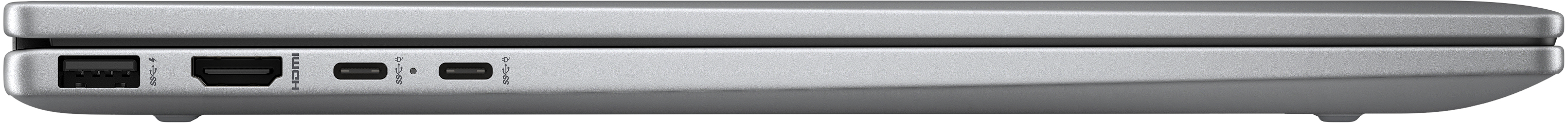 Seitenansicht eines silbernen Laptops mit Anschlüssen.
