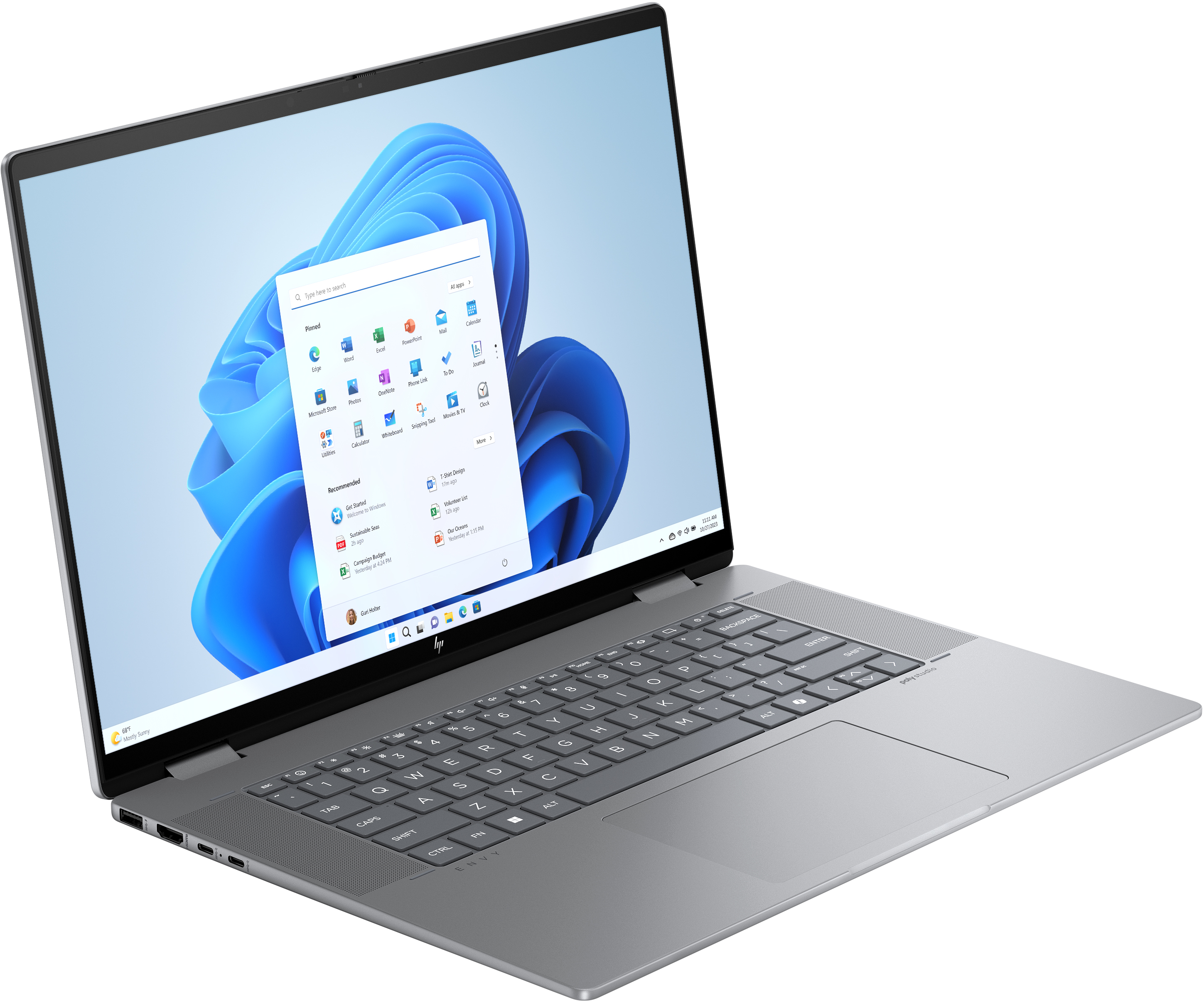 Silberner Laptop mit blauem Bildschirm, der Windows 11 zeigt. Der Laptop ist offen.